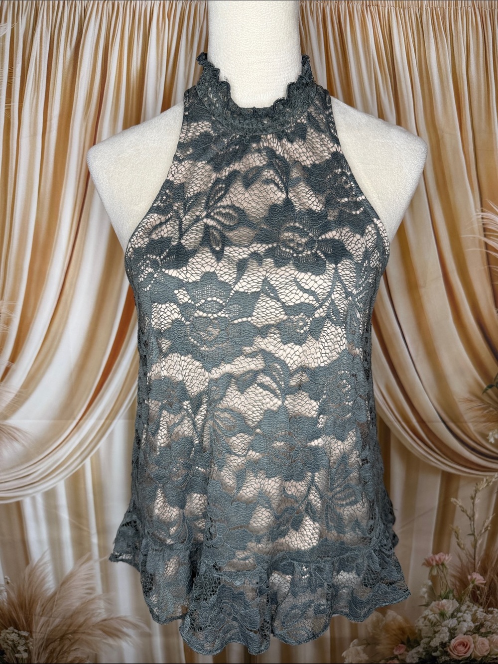 Express Sage Green Lace High-Neck Top